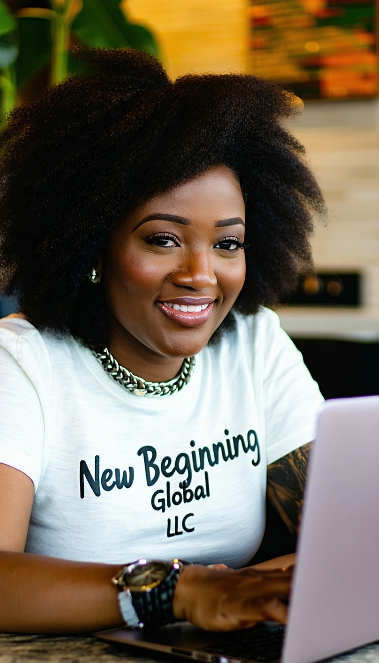 AfroAmerican Blogger Sitting at a Laptop with Words New Beginning Global LLC on the Picture-Apr-30-2025-06-00-19-6810-AM