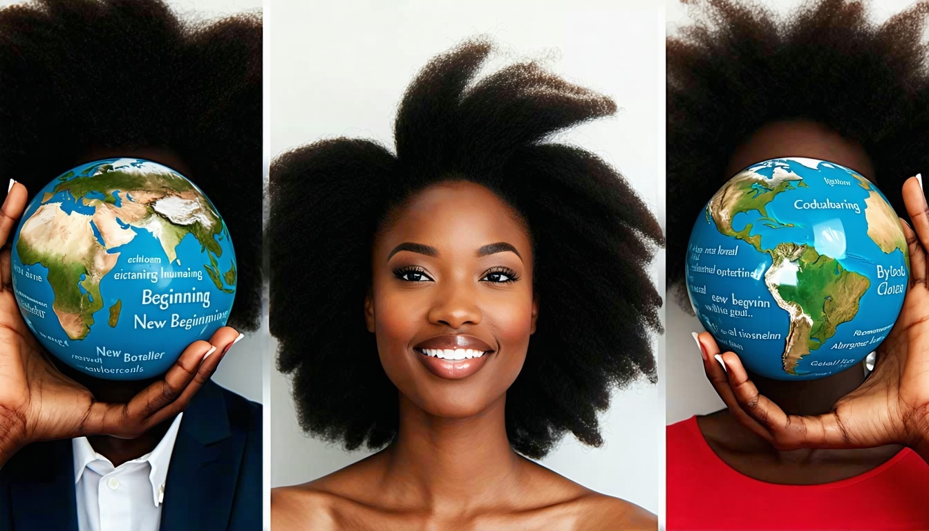 AfroAmerican Men and Women Looking beyond Global Globes with Words New Beginning Global Three Different Pictures-2