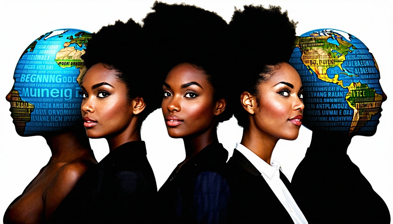 AfroAmerican Men and Women Looking beyond Global Globes with Words New Beginning Global Three Different Pictures-Apr-30-2025-05-19-26-5175-AM